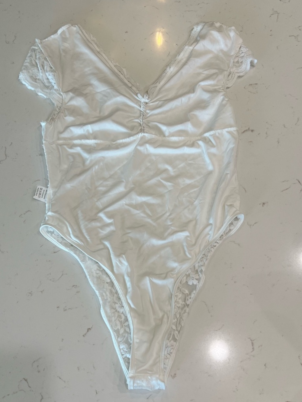 White Lace V Neck Bodysuit Cap Sleeve Sheer Floral Snap Closure - Picture 4 of 8